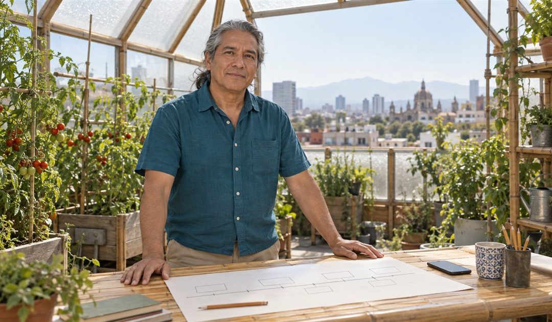 Man standing at a bamboo desk with a paper timeline in a rooftop greenhouse