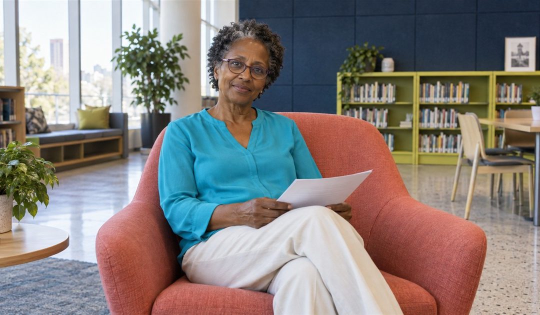 Mature woman holding a worksheet on a coral chair in a quiet reading room