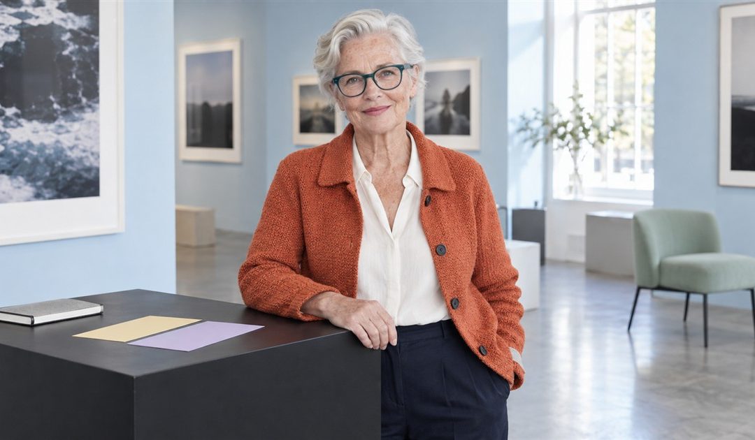 Older woman beside colored background cards and a notebook in a daylight gallery