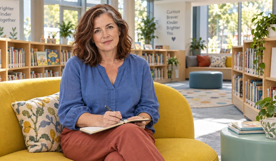 Mature woman holding an open notebook while seated in a bright library.