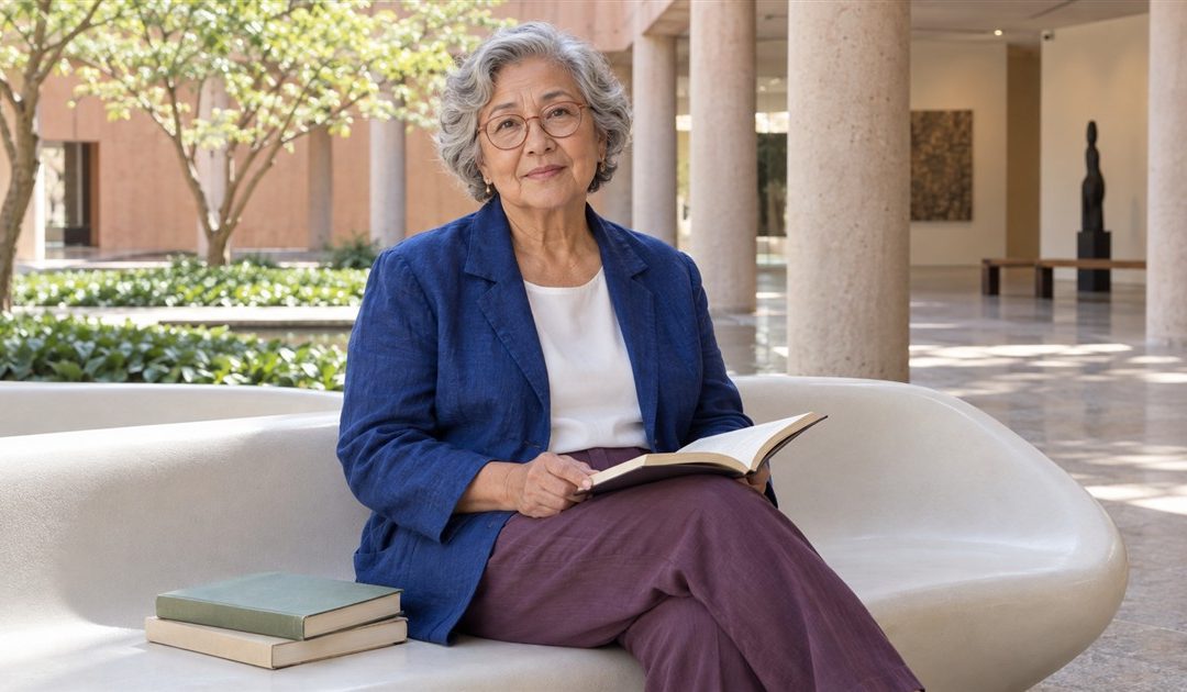 Mature woman seated with books on a curved white bench in a museum courtyard