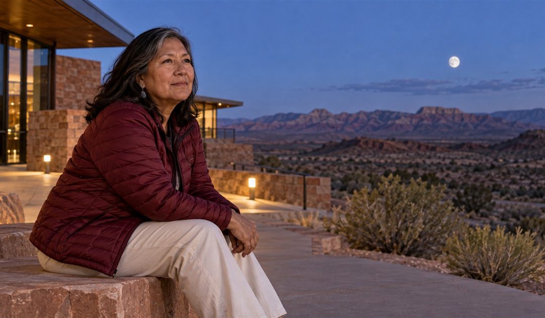 Woman in a burgundy jacket seated outside a desert visitor center beneath a distant full moon