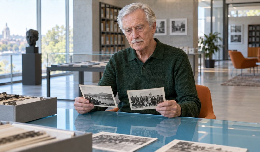Older man comparing archival photographs at a blue glass desk in a bright reading room