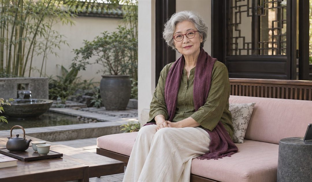 Mature woman seated with open eyes on a pale-pink courtyard bench, with a phone placed to one side