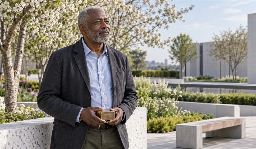 Older man holding a small keepsake box beside a white stone wall in a flowering memorial garden