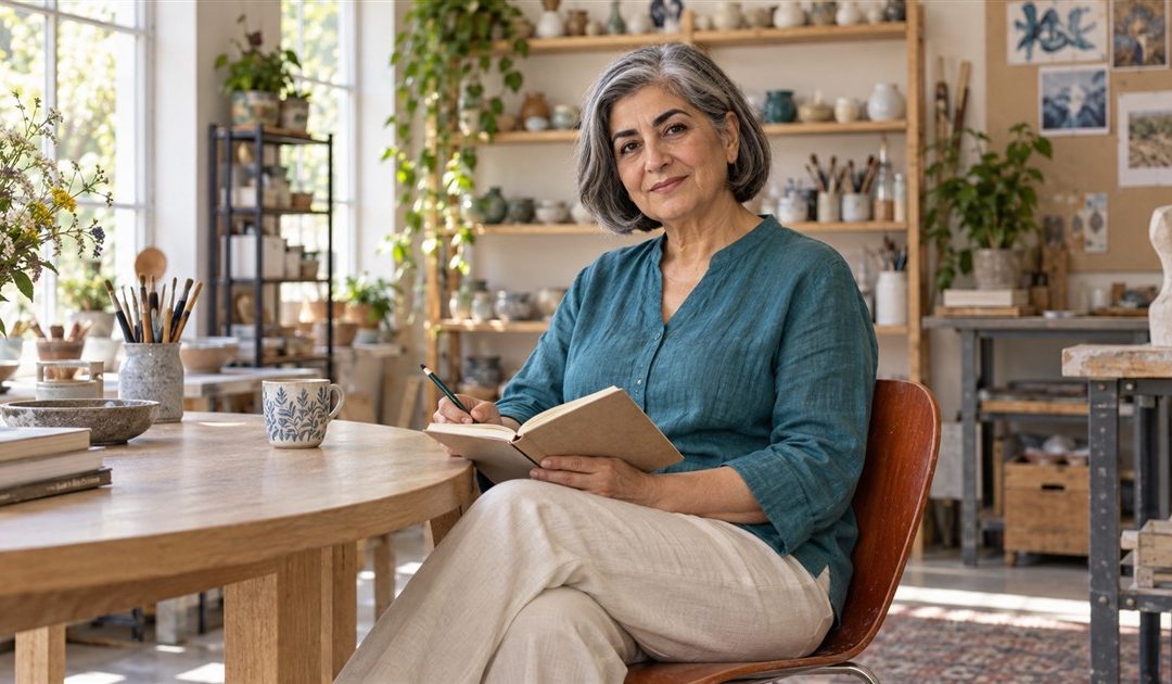 Mature woman in a teal blouse holding a notebook in a sunlit art classroom.