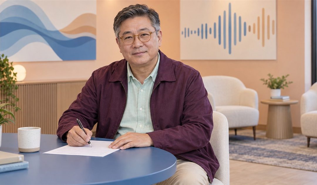 Mature man completing a context note at a blue desk in a bright education room
