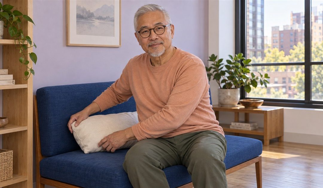 Mature man adjusting a cushion on a supported blue bench in a bright loft nook