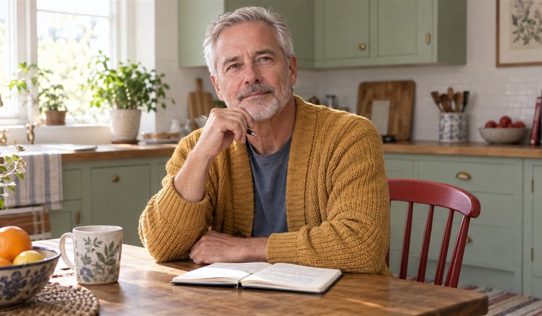 Silver-haired man with an open notebook at a sunny kitchen table