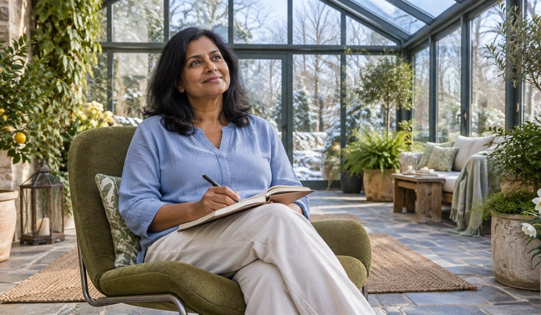 Woman with a notebook seated in a green chair in a sunlit winter garden