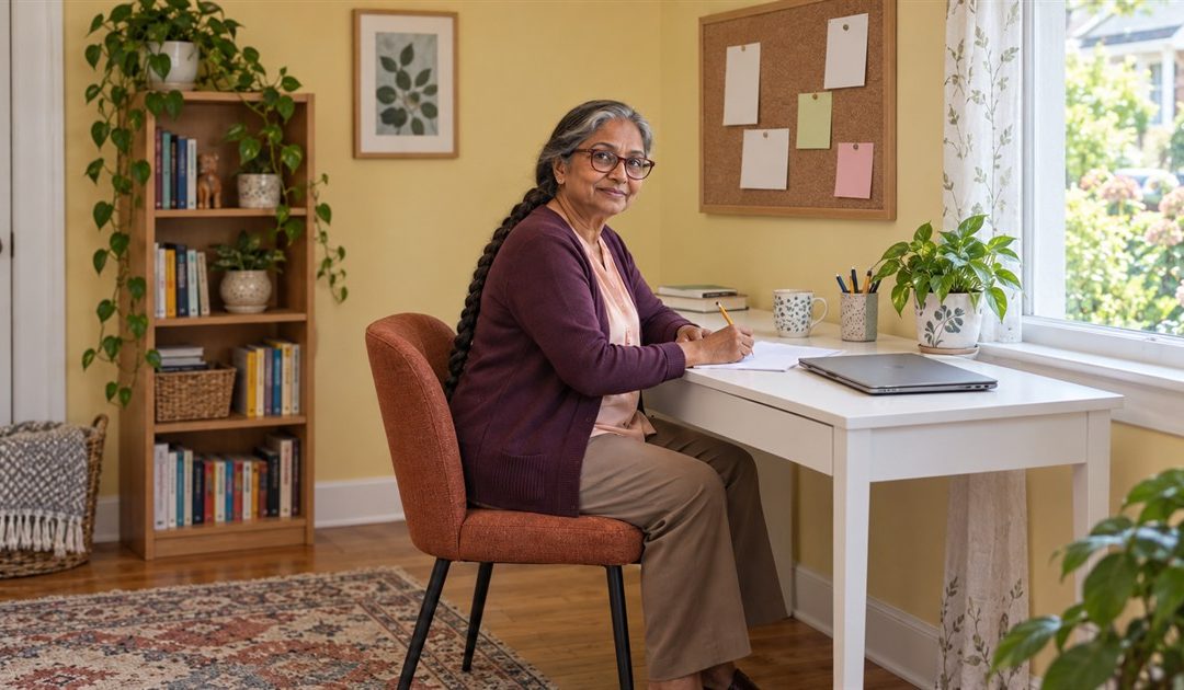 Mature woman writing a checklist at a plain white desk in a small home workspace