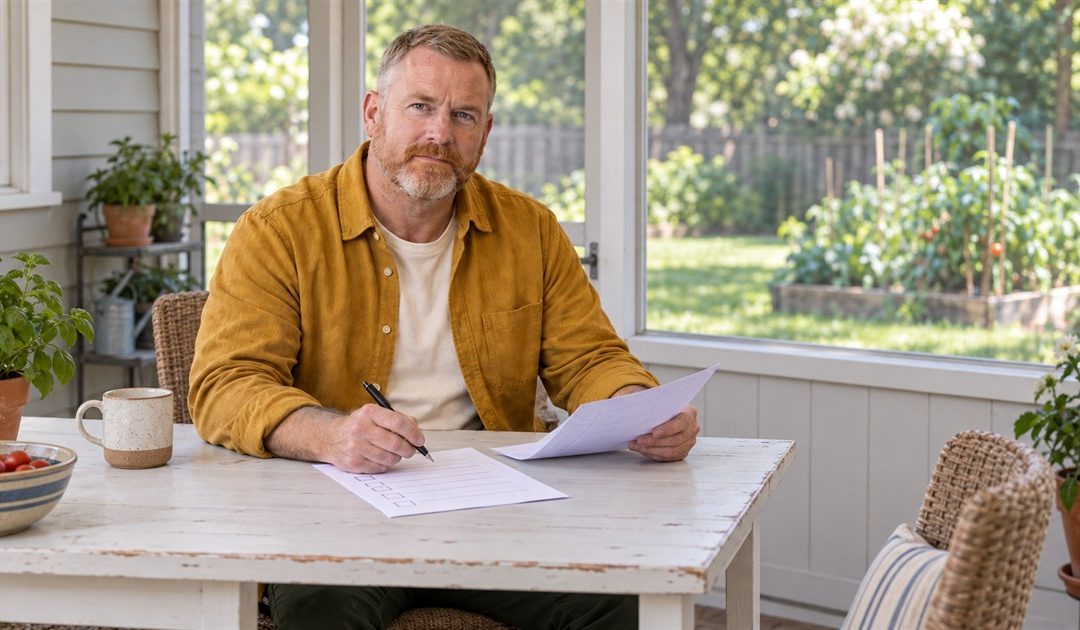 Mature man comparing session notes at a simple white table on a screened home porch