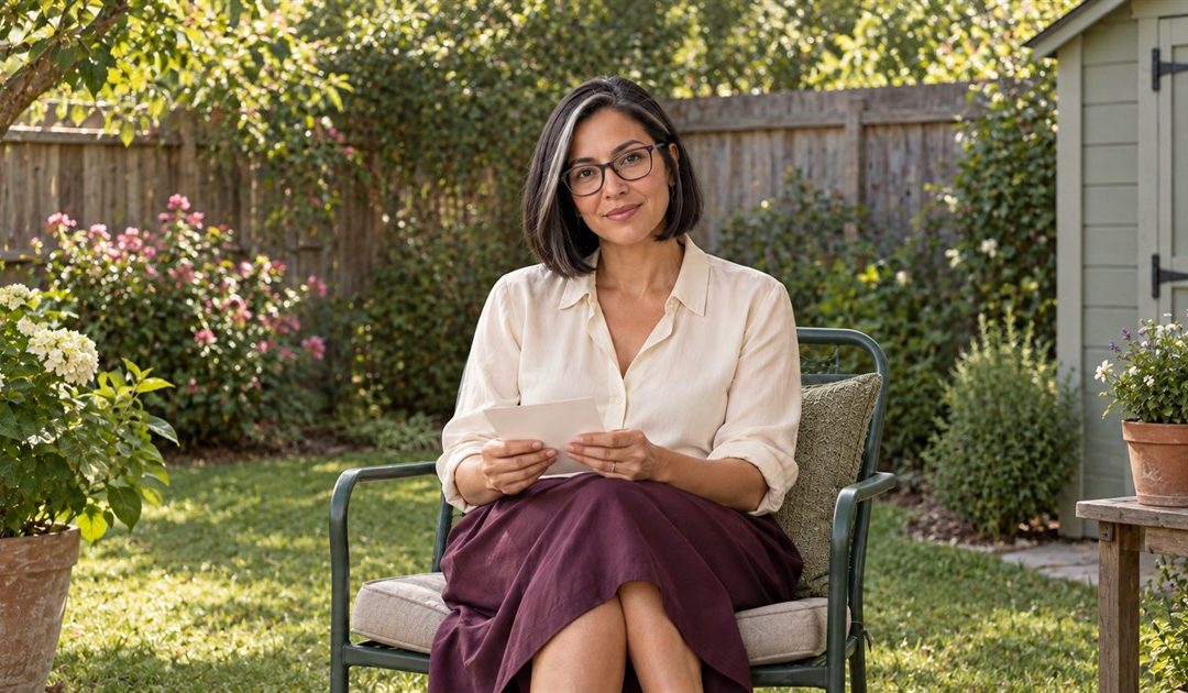 Mature woman holding question cards while seated in a simple garden chair in an ordinary backyard