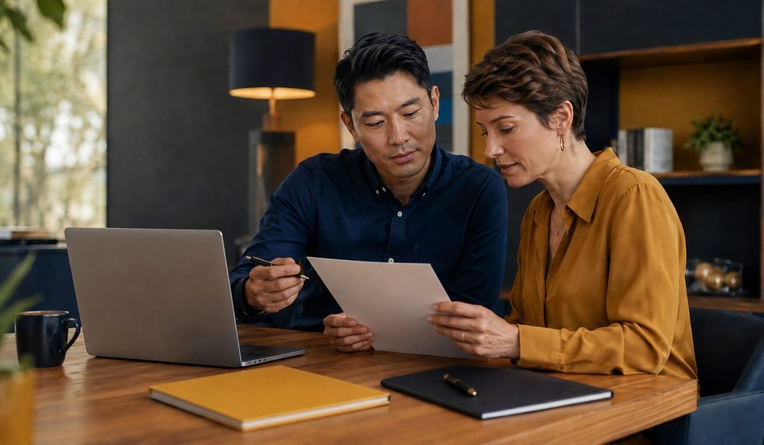 Two fictional adult editorial colleagues, an Asian man and a white woman with short brown hair, comparing service policies and a checklist at a polished oak worktable