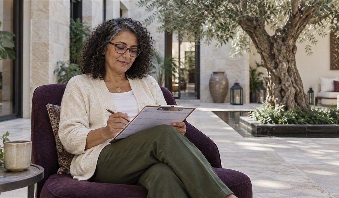 Woman reviewing a weekly plan while seated in a courtyard