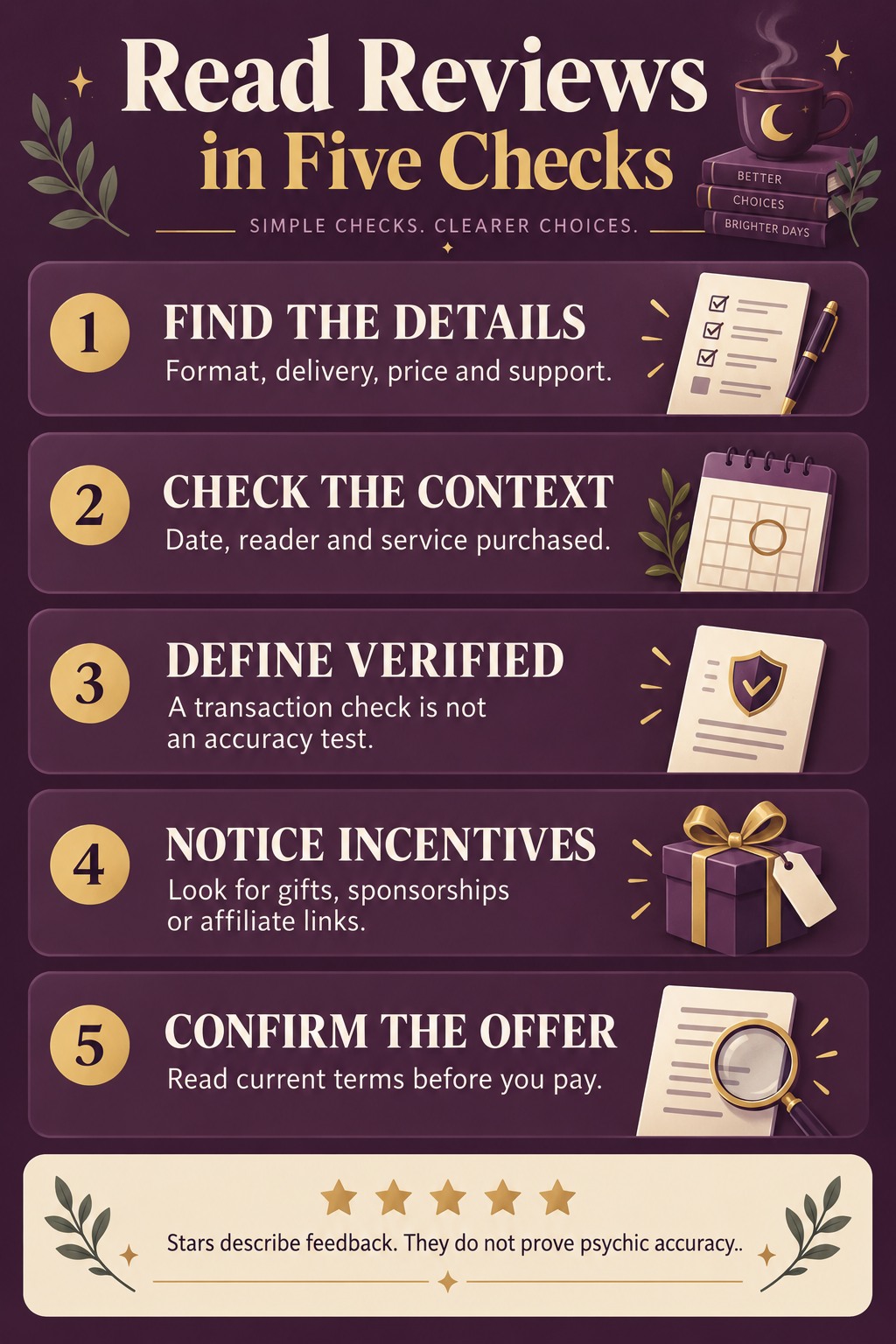 Read Reviews in Five Checks — a five-step illustrated guide; text version follows.